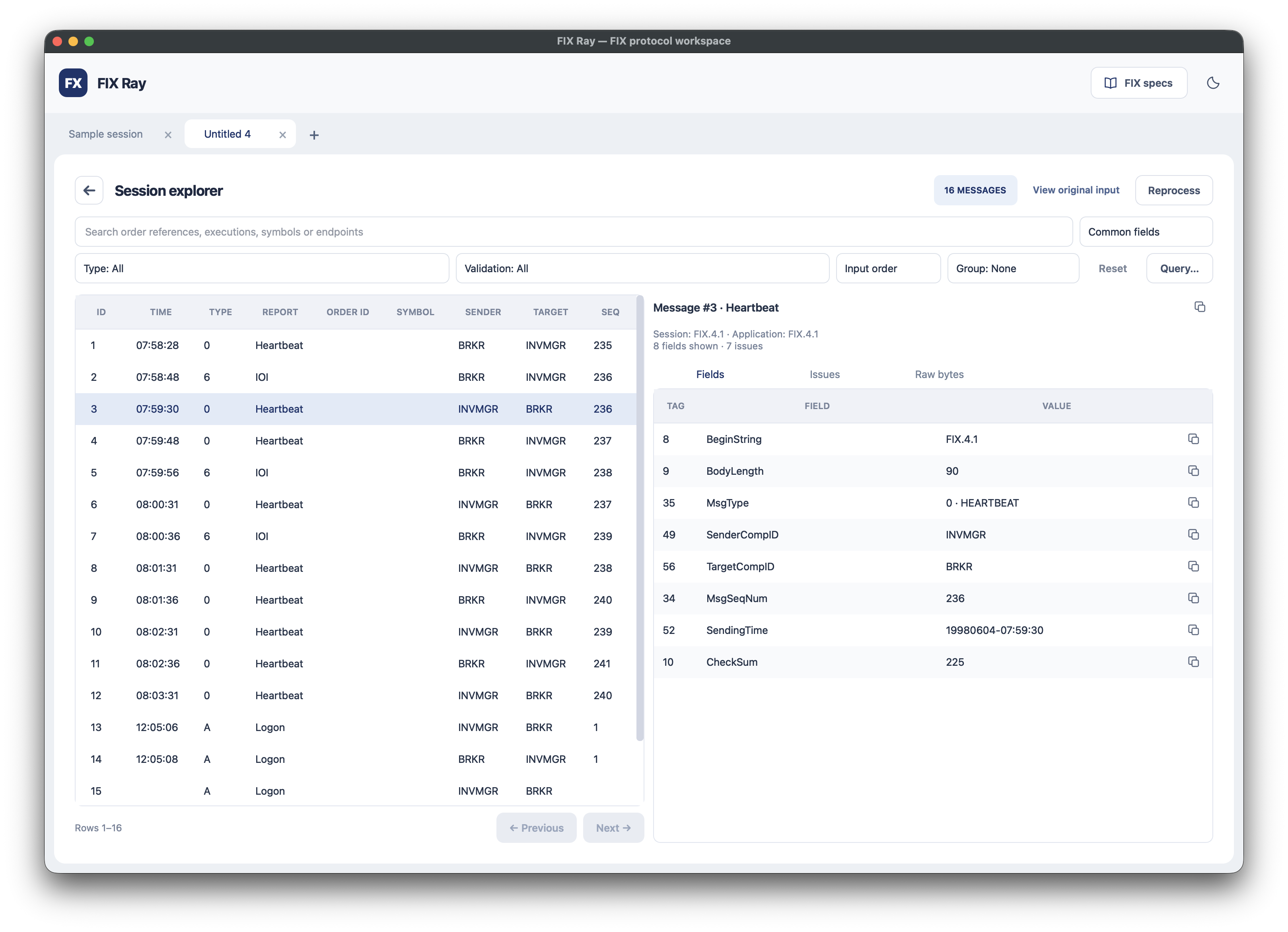 FIX Ray Session Explorer with a message list and decoded FIX fields